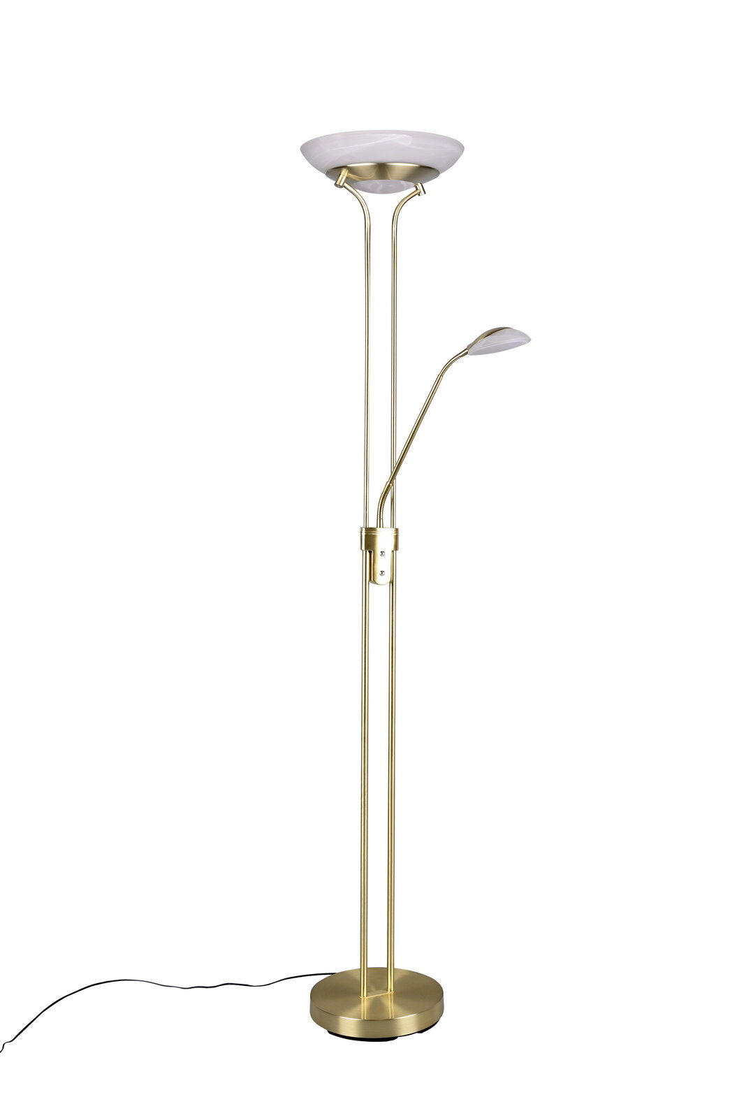 LED-Deckenfluter in goldener Farbe mit zusätzlichem Leselicht, seitliche Perspektive