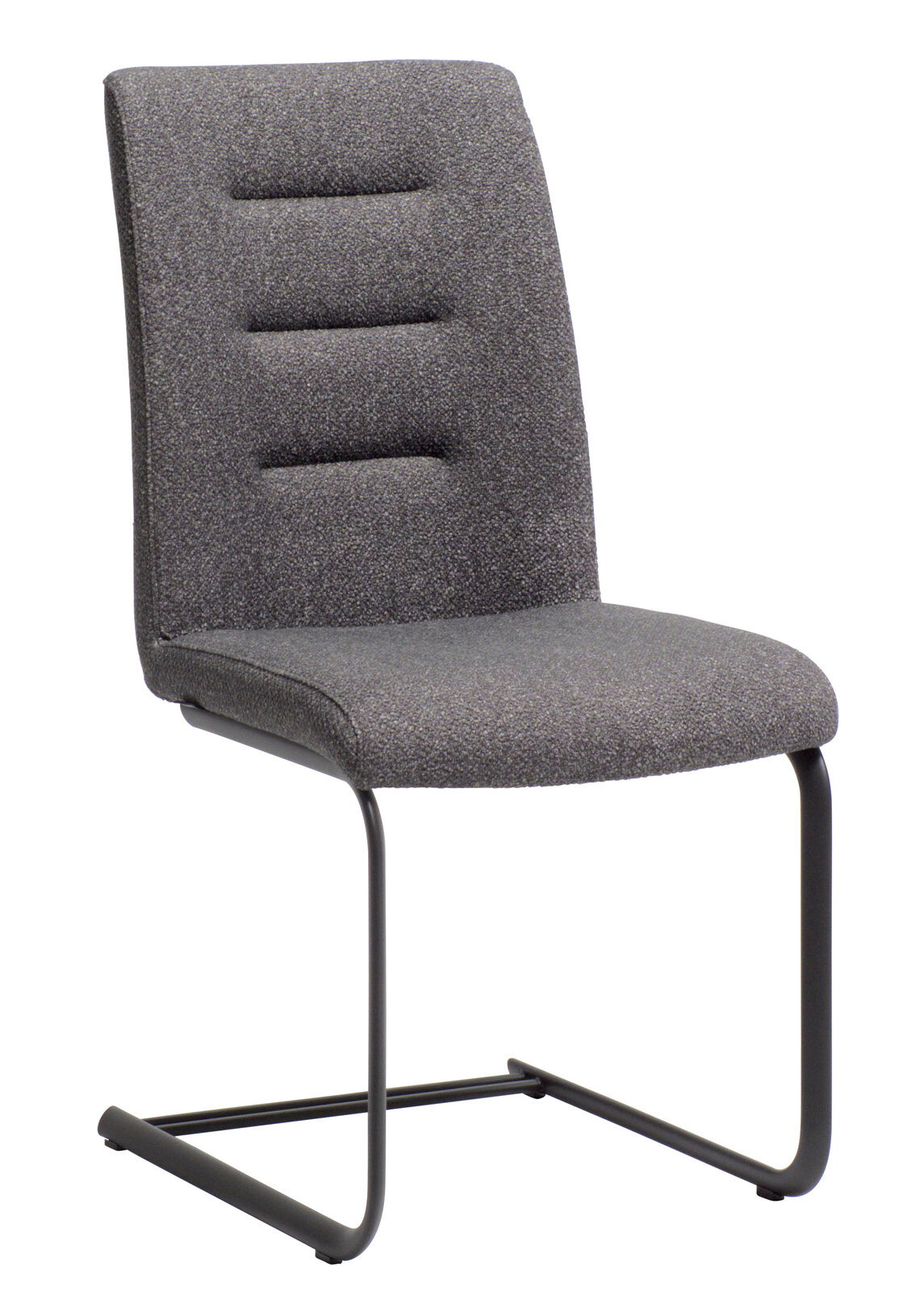 Grauer Freischwingerstuhl mit gepolsterter Rückenlehne und Sitzfläche, seitliche Perspektive