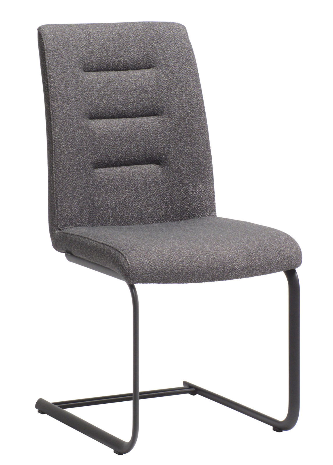 Grauer Freischwingerstuhl mit gepolsterter Rückenlehne und Sitzfläche, seitliche Perspektive