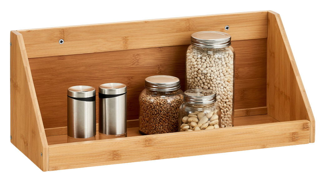 Wandregal aus Bambus mit Vorratsgläsern und Gewürzbehältern, frontale Ansicht