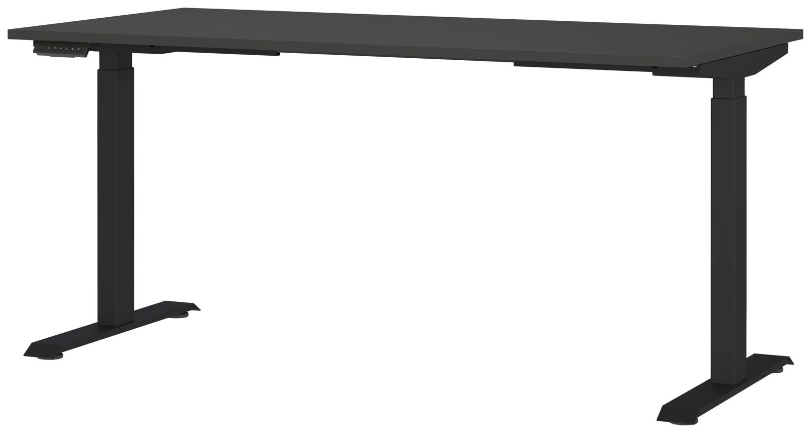 Elektrisch höhenverstellbarer Schreibtisch in Schwarz, seitliche Perspektive