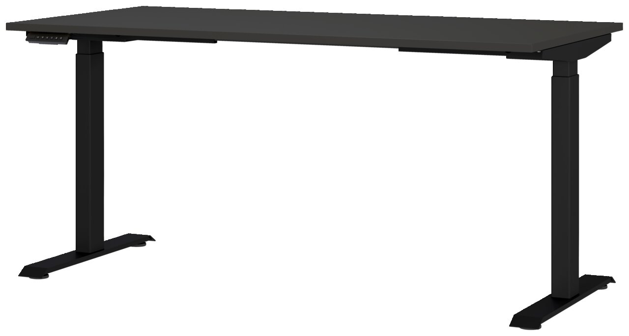 Elektrisch höhenverstellbarer Schreibtisch in Schwarz, seitliche Perspektive