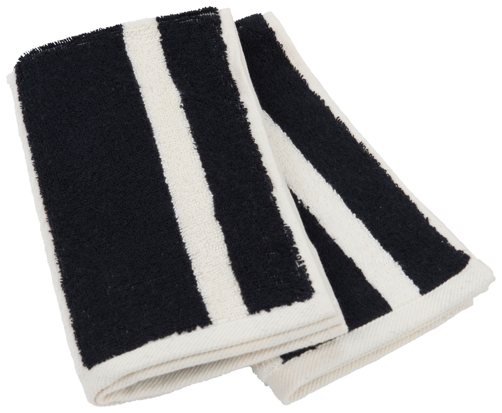 Dieter Knoll Gästetuchset Zwei gefaltete Gästetücher mit schwarzen und weißen Streifen, aus einer schrägen Perspektive fotografiert.