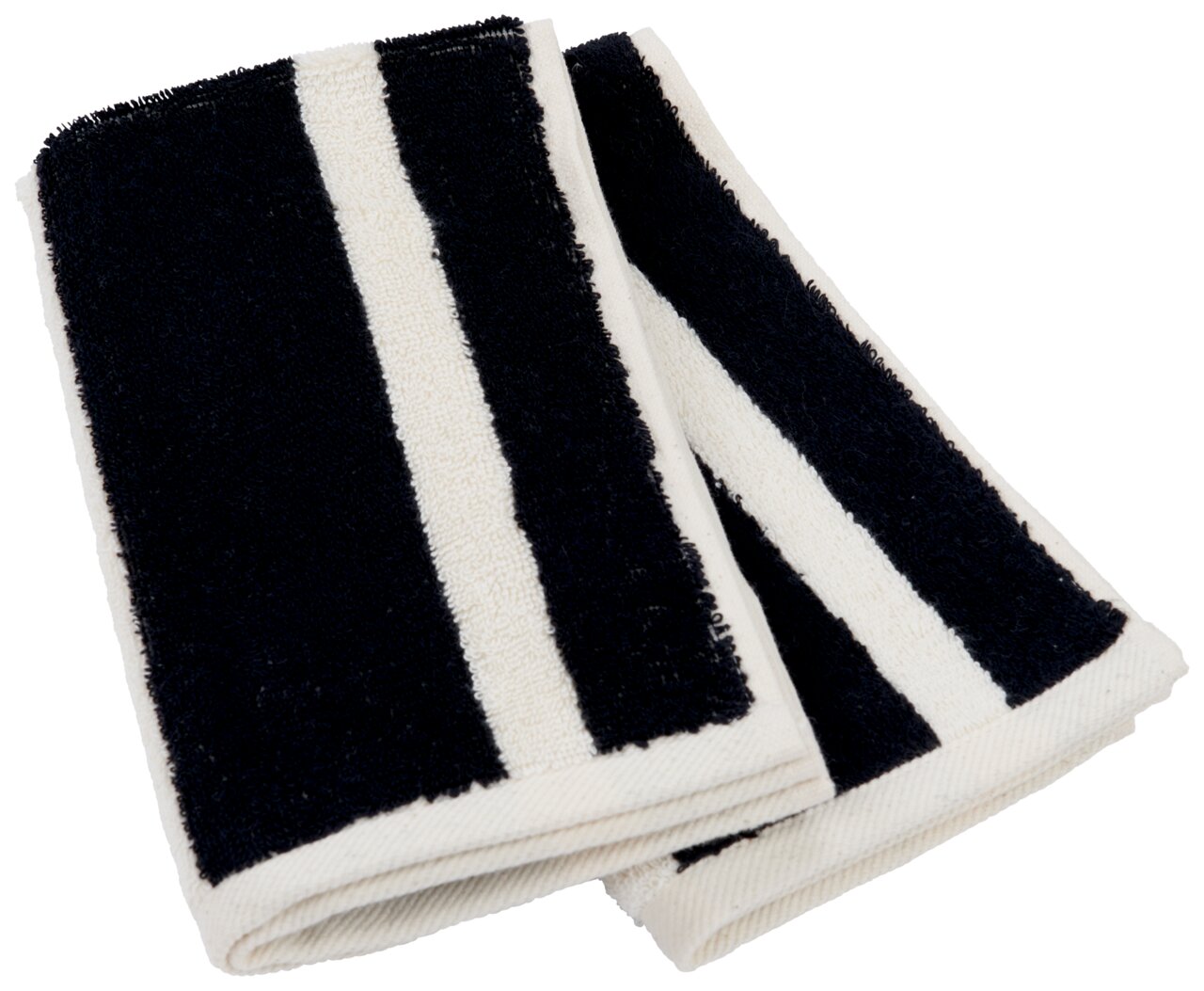 Dieter Knoll Gästetuchset Zwei gefaltete Gästetücher mit schwarzen und weißen Streifen, aus einer schrägen Perspektive fotografiert.