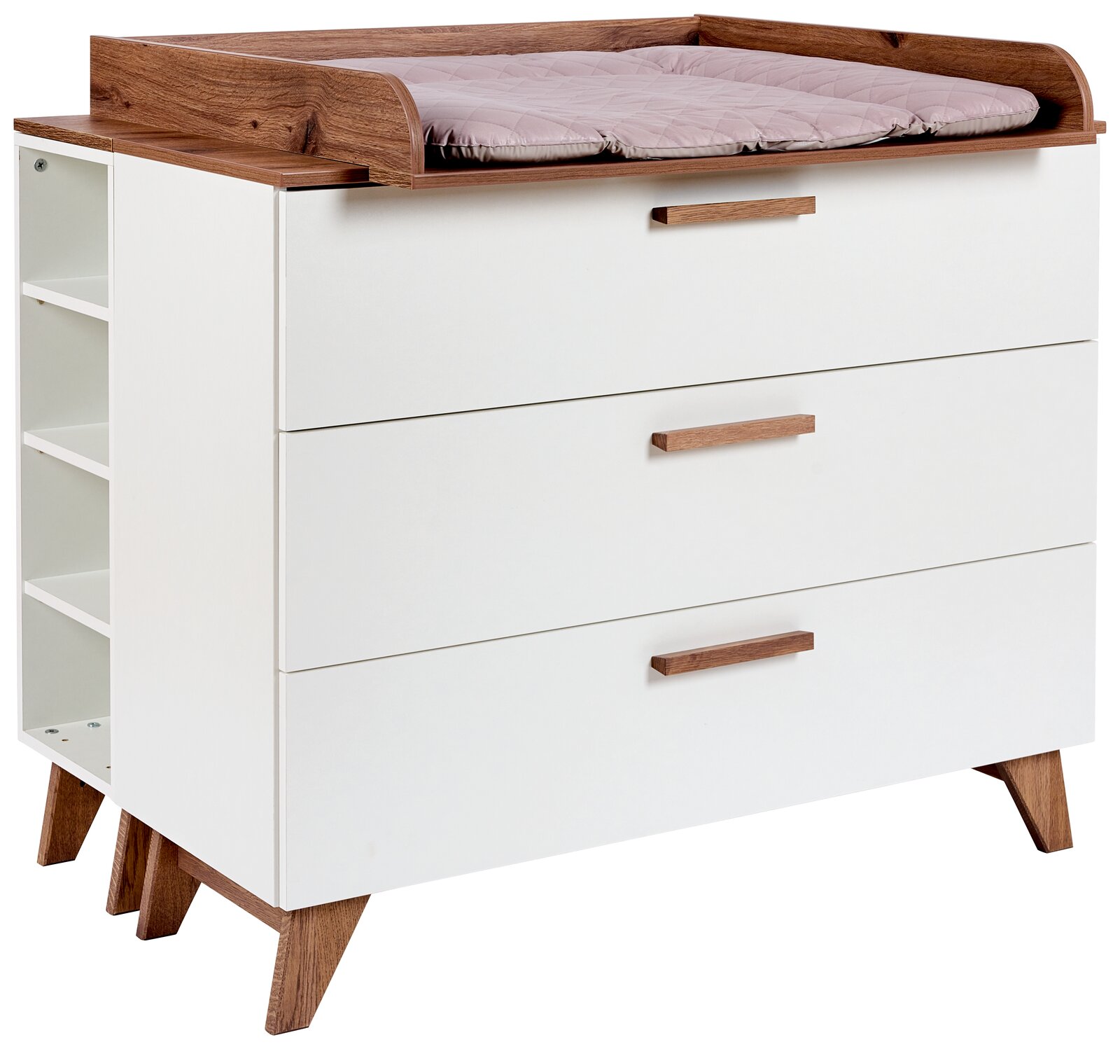 Weißes Unterstellregal mit drei Schubladen und seitlichen Regalfächern, aus Holz mit braunen Akzenten, seitliche Perspektive