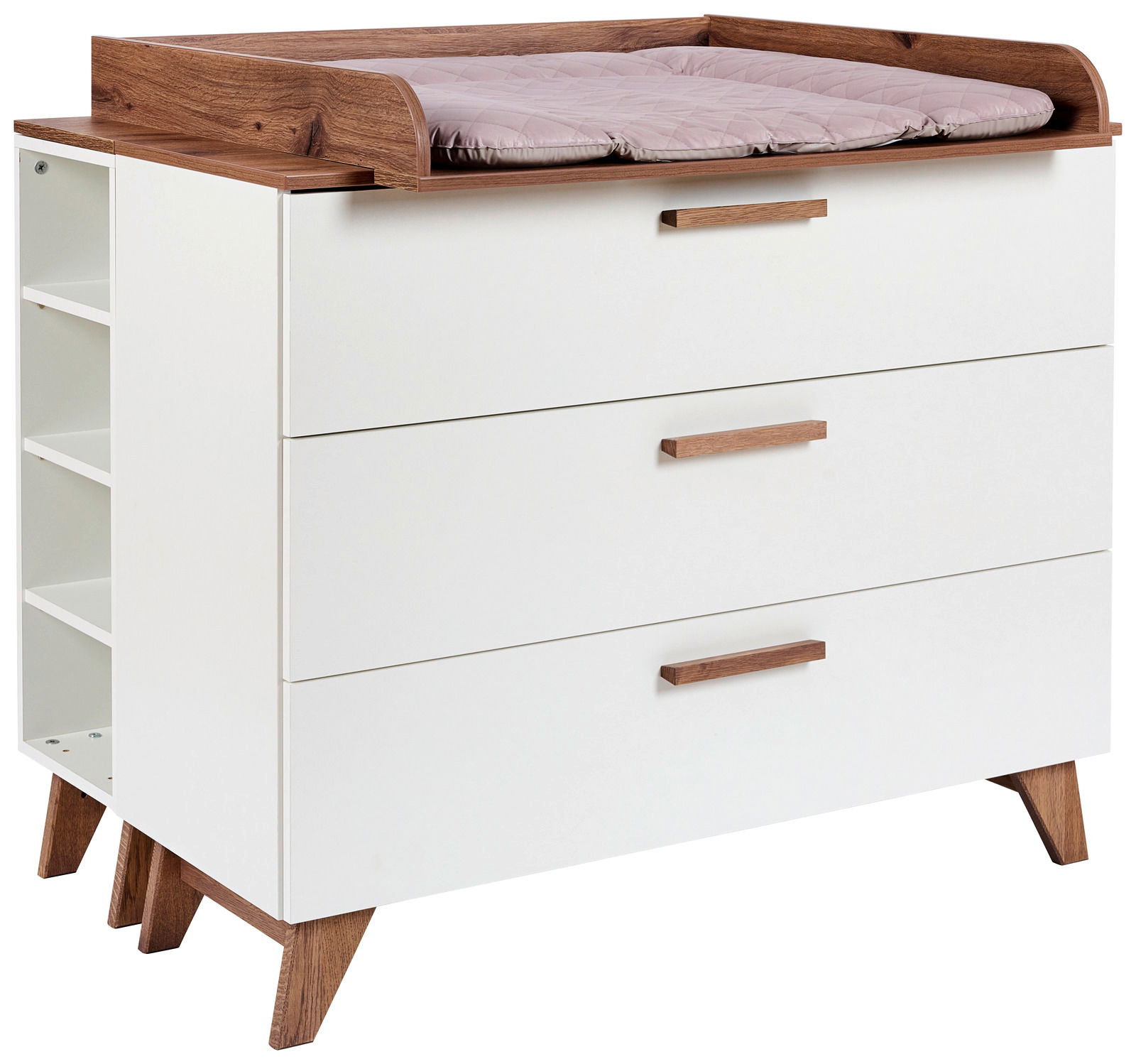 Weißes Unterstellregal mit drei Schubladen und seitlichen Regalfächern, aus Holz mit braunen Akzenten, seitliche Perspektive