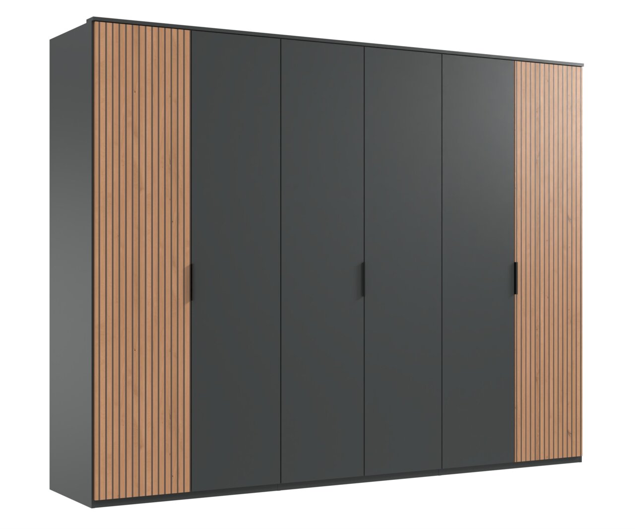 Moderne kast met zes draaideuren, donkere deuren en houten panelen aan de zijkanten, gezien van voren.