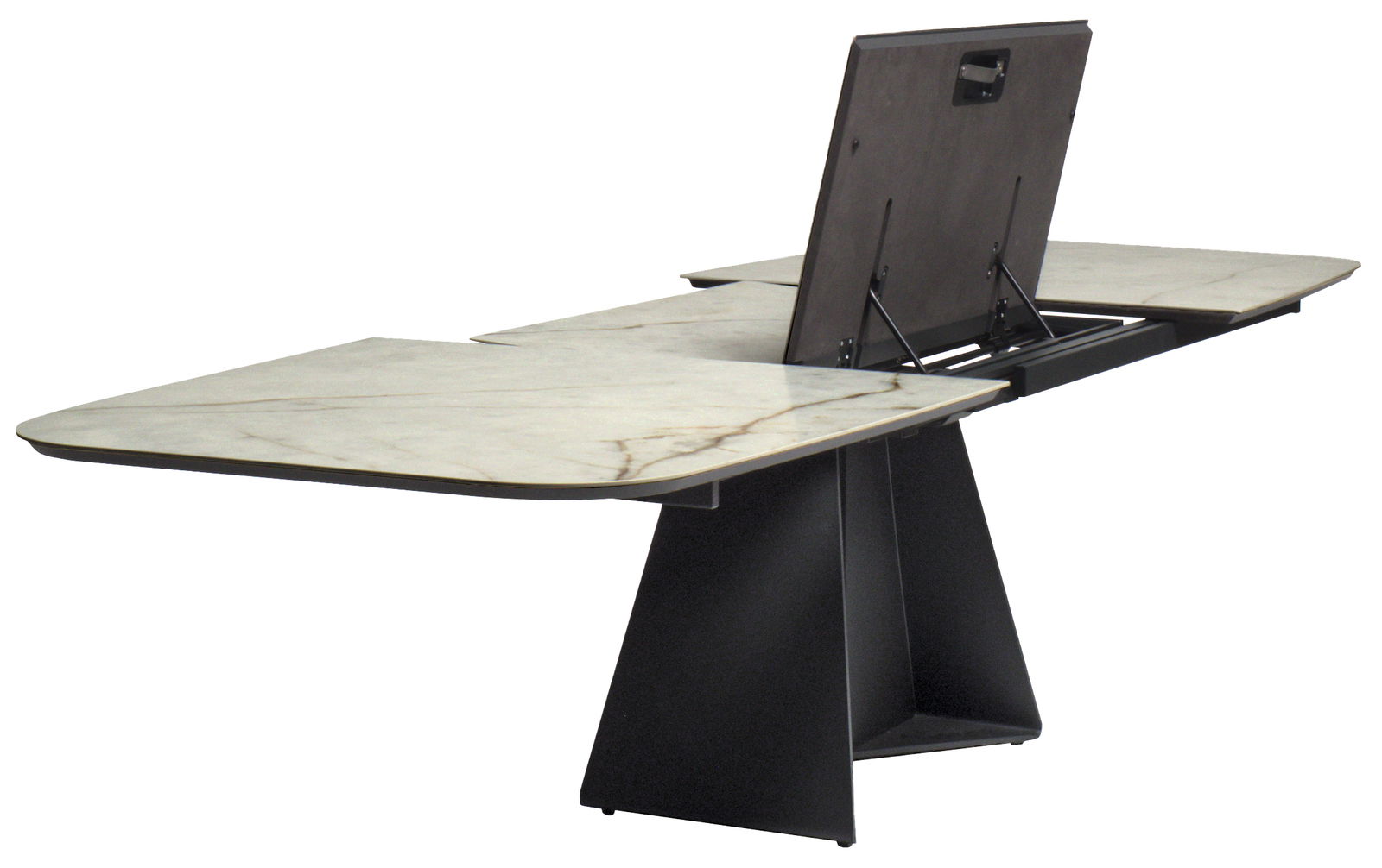 Moderner Esstisch LUCCA mit ausziehbarer Marmorplatte und schwarzem Untergestell, seitliche Perspektive