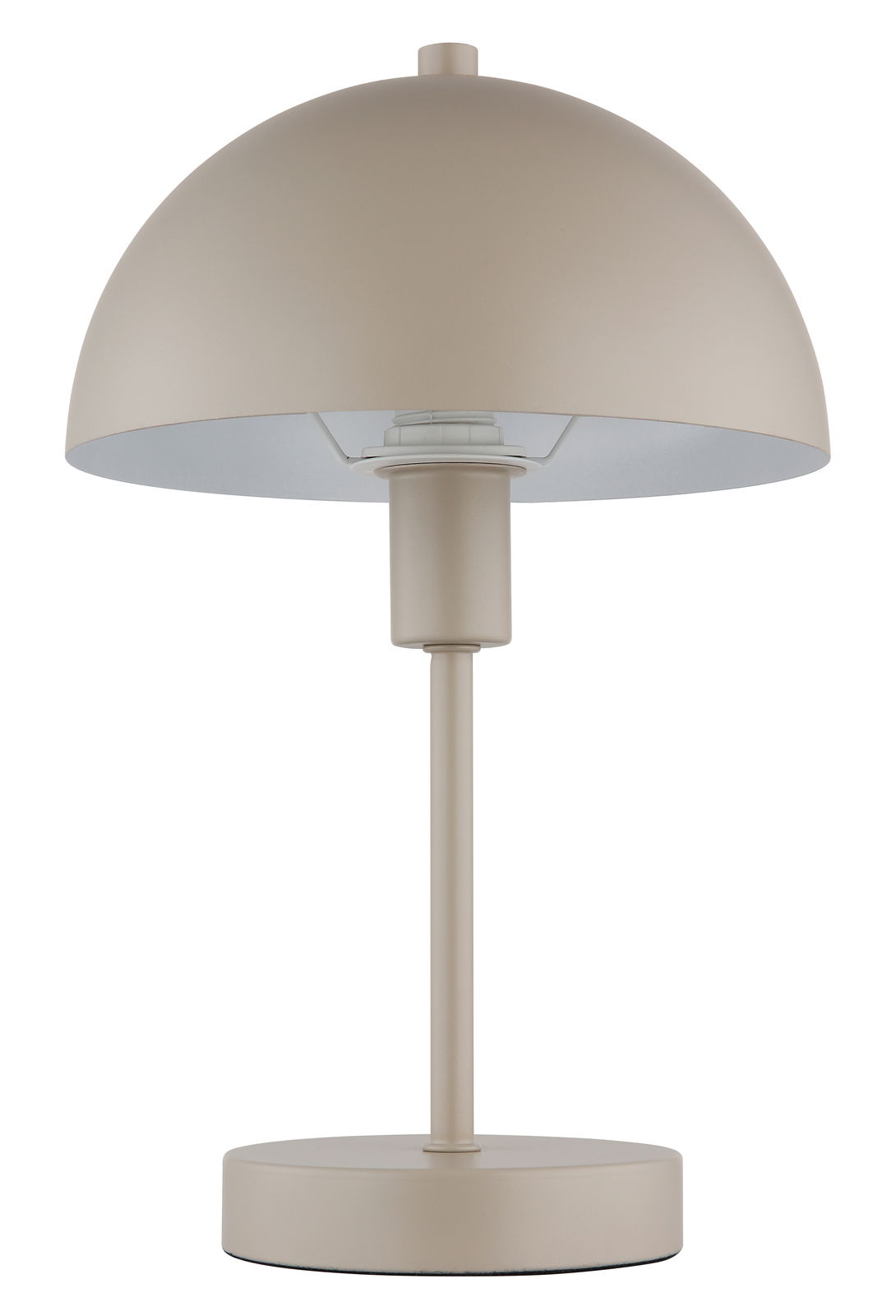 Moderne Tischleuchte in Beige mit halbrundem Schirm, frontal abgebildet.