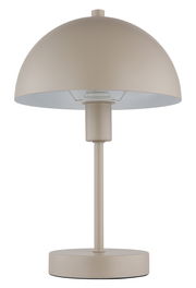 Moderne Tischleuchte in Beige mit halbrundem Schirm, frontal abgebildet.