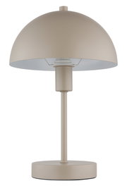 Moderne Tischleuchte in Beige mit halbrundem Schirm, frontal abgebildet.