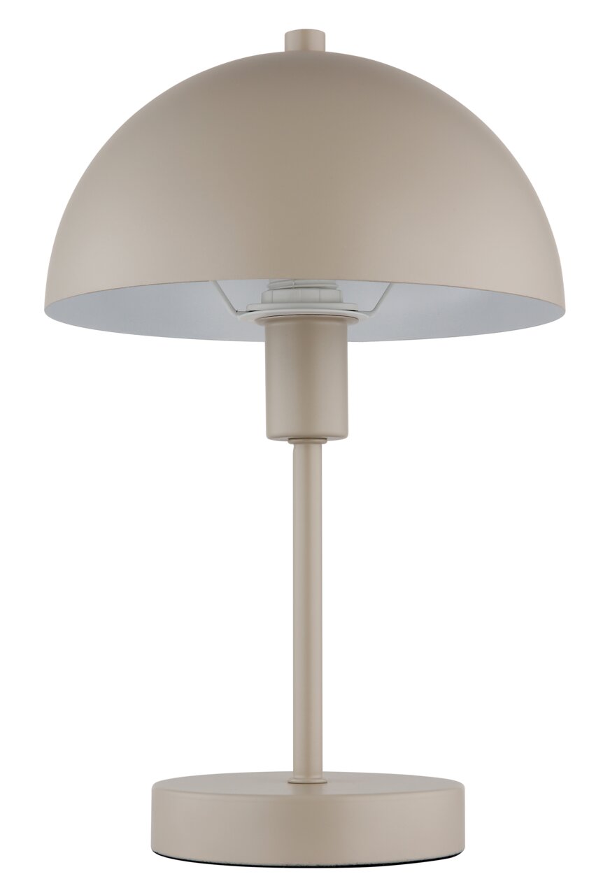 Moderne Tischleuchte in Beige mit halbrundem Schirm, frontal abgebildet.