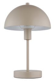 Moderne Tischleuchte in Beige mit halbrundem Schirm, frontal abgebildet.