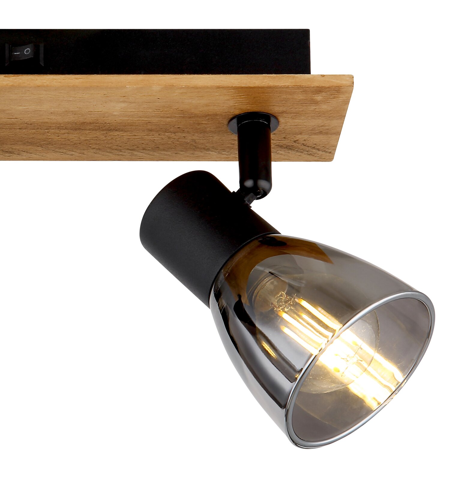 Moderner Strahler mit Holz- und Metallelementen, seitliche Perspektive