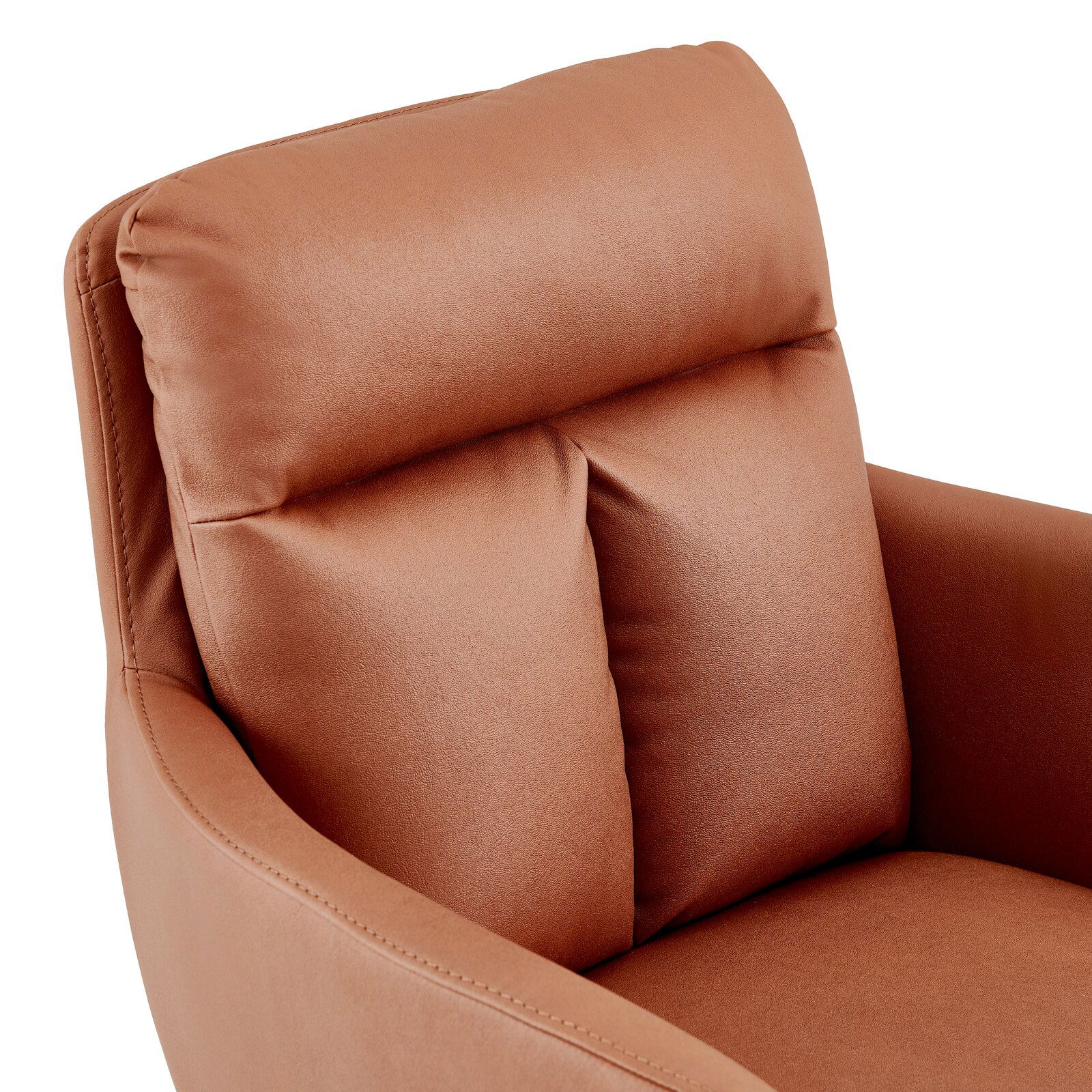 Novel Armlehnstuhl EMMA Nahaufnahme eines braunen Armlehnstuhls aus Leder mit gepolsterter Rückenlehne und Armlehnen, seitliche Perspektive