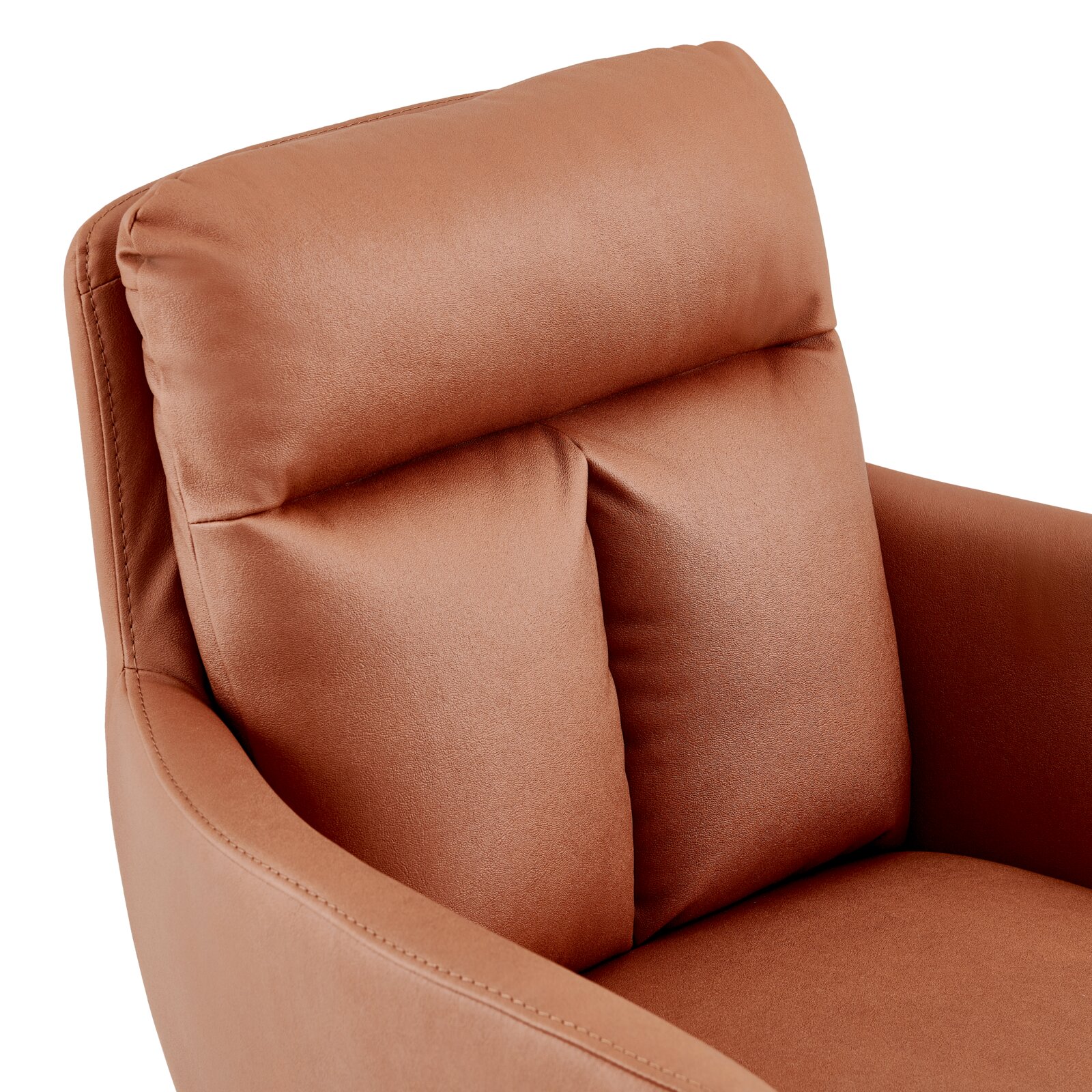 Novel Armlehnstuhl EMMA Nahaufnahme eines braunen Armlehnstuhls aus Leder mit gepolsterter Rückenlehne und Armlehnen, seitliche Perspektive