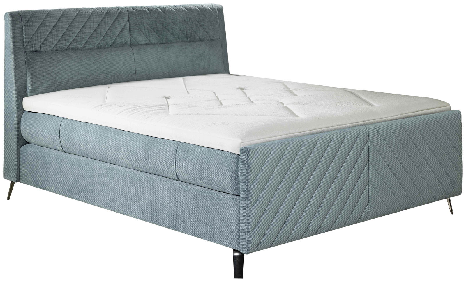 Boxspringbett 180x200 in grauem Stoffbezug, seitliche Perspektive