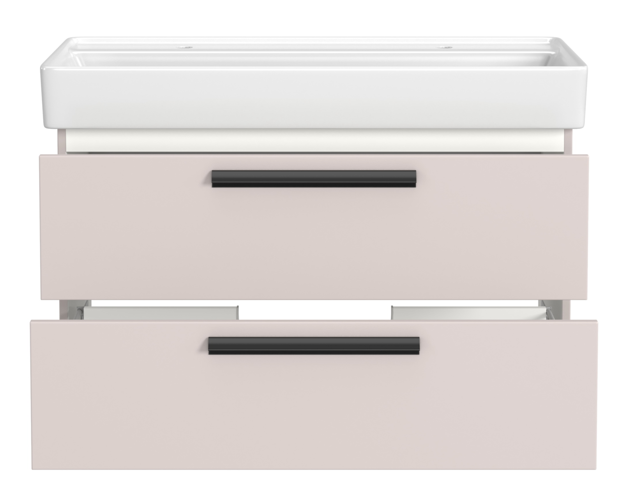 Frontansicht eines Waschtisch-Sets mit zwei Schubladen und Platz für zwei Armaturen, modernes Design in Weiß und Beige.