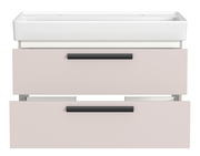 Frontansicht eines Waschtisch-Sets mit zwei Schubladen und Platz für zwei Armaturen, modernes Design in Weiß und Beige.