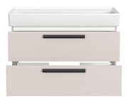 Frontansicht eines Waschtisch-Sets mit zwei Schubladen und Platz für zwei Armaturen, modernes Design in Weiß und Beige.