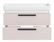 Frontansicht eines Waschtisch-Sets mit zwei Schubladen und Platz für zwei Armaturen, modernes Design in Weiß und Beige.