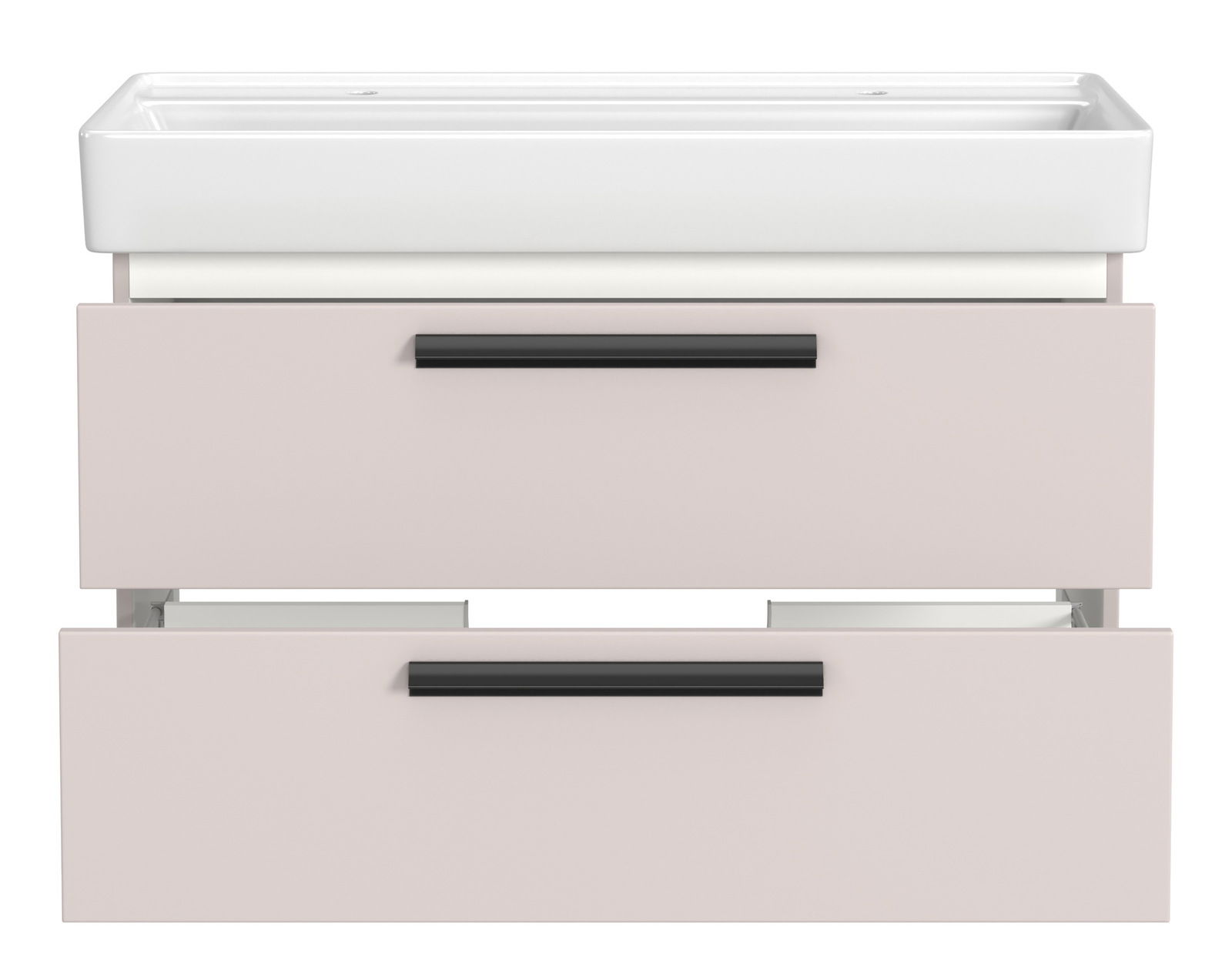 Frontansicht eines Waschtisch-Sets mit zwei Schubladen und Platz für zwei Armaturen, modernes Design in Weiß und Beige.