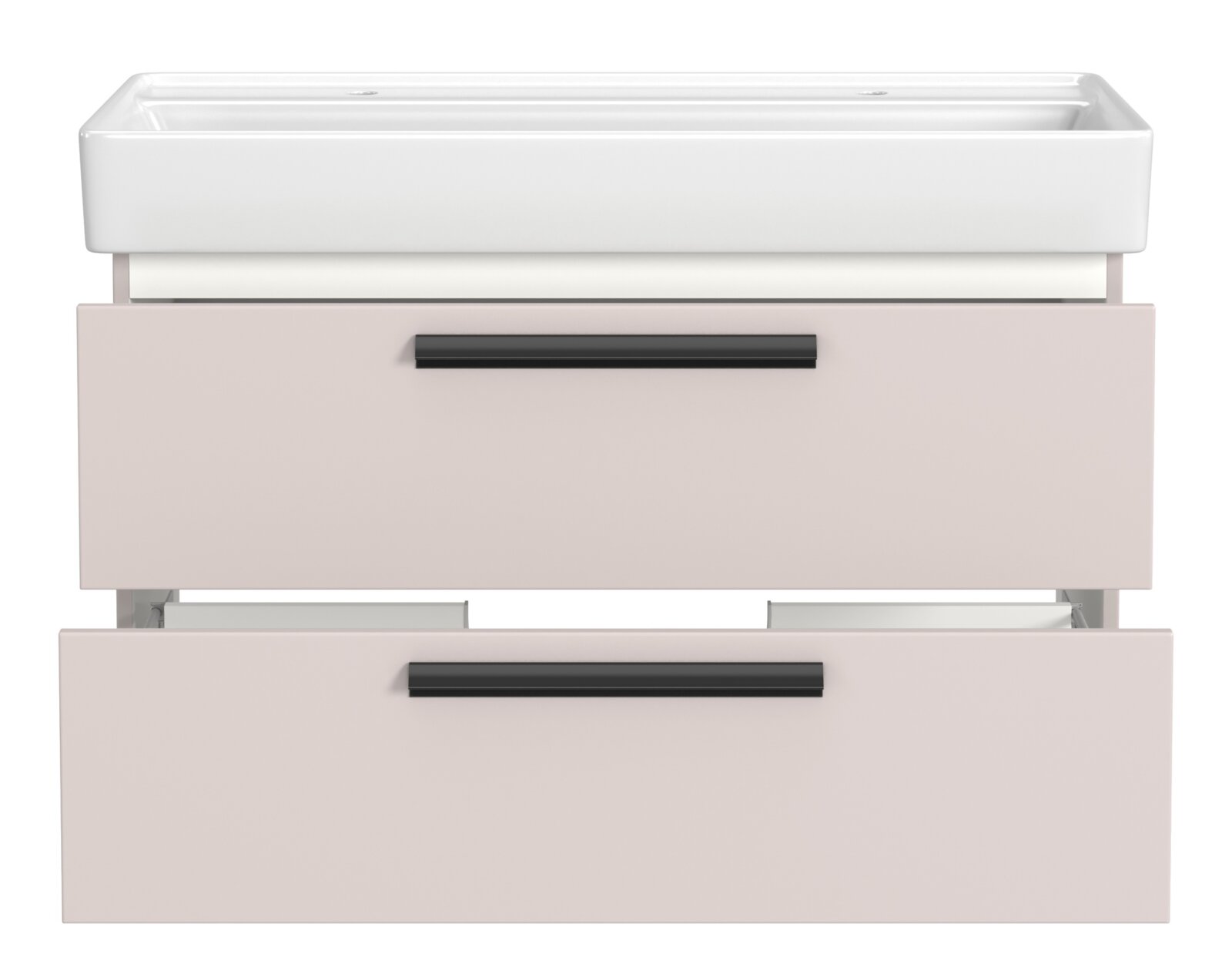 Vooraanzicht van een wastafelmeubel met twee lades en ruimte voor twee kranen, modern ontwerp in wit en beige.