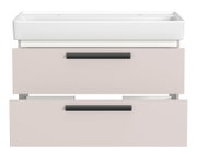 Frontansicht eines Waschtisch-Sets mit zwei Schubladen und Platz für zwei Armaturen, modernes Design in Weiß und Beige.