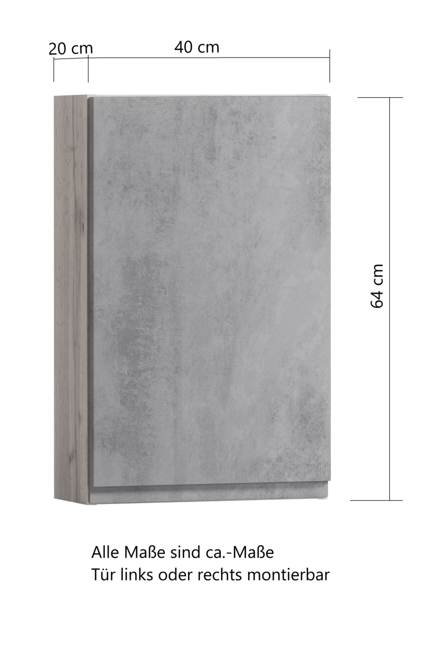 Hängeschrank in Betonoptik, Maße 64 cm Höhe, 40 cm Breite, 20 cm Tiefe, frontale Perspektive