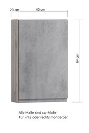 Hängeschrank in Betonoptik, Maße 64 cm Höhe, 40 cm Breite, 20 cm Tiefe, frontale Perspektive
