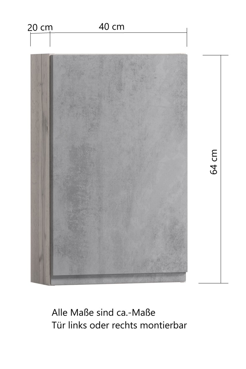 Hängeschrank in Betonoptik, Maße 64 cm Höhe, 40 cm Breite, 20 cm Tiefe, frontale Perspektive