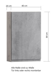Hängeschrank in Betonoptik, Maße 64 cm Höhe, 40 cm Breite, 20 cm Tiefe, frontale Perspektive
