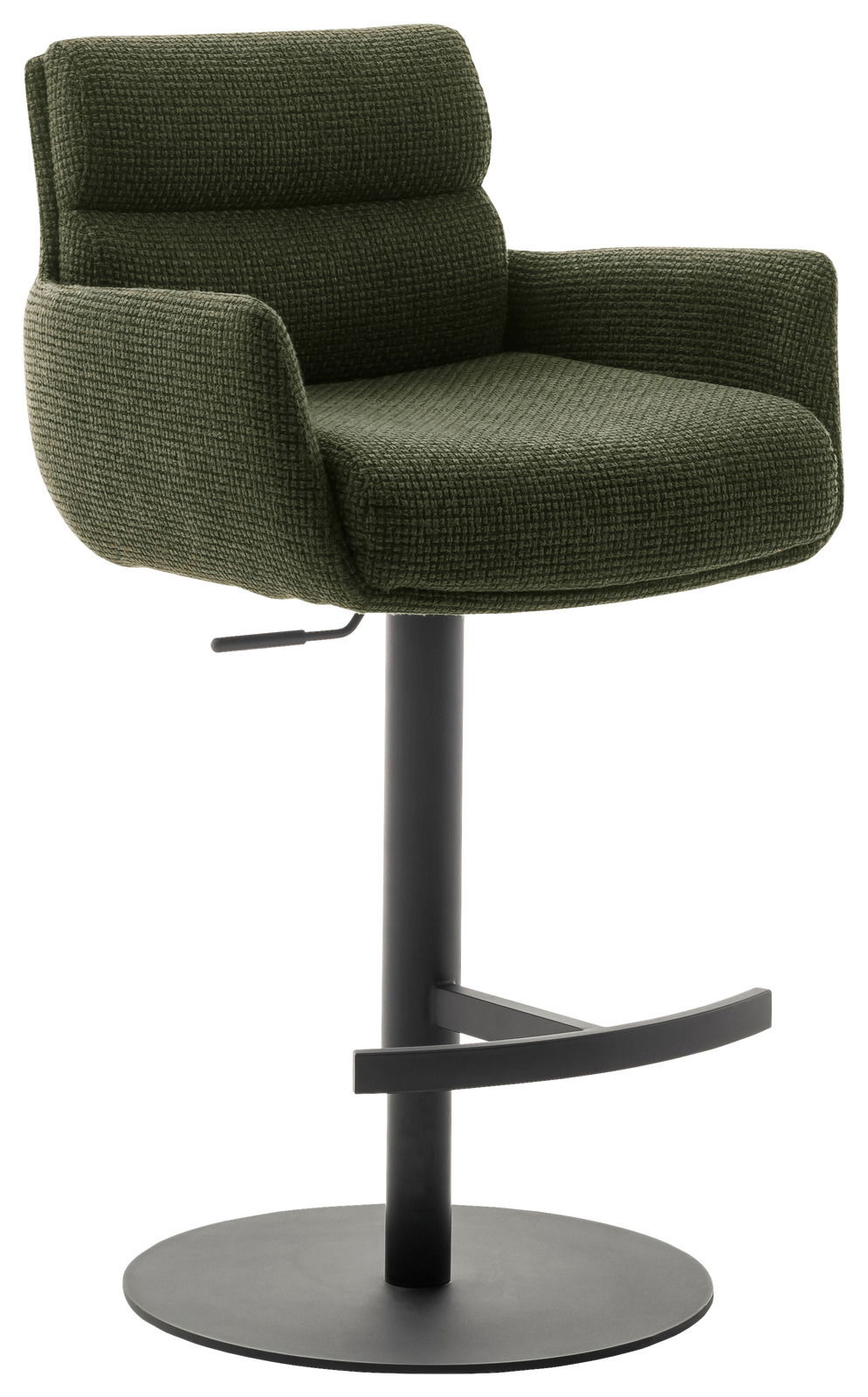 Dieter Knoll Barstuhl mit Armlehnen LEXINGTON Grüner Barstuhl mit Armlehnen, seitliche Perspektive, schwarzer Metallfuß und Fußstütze.