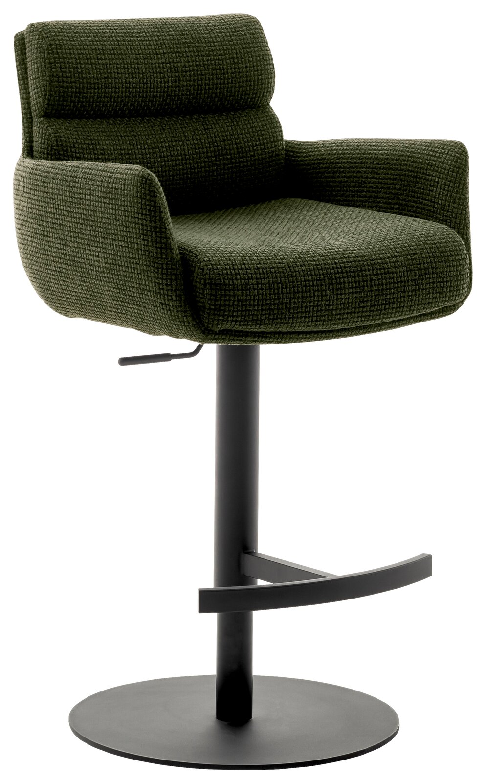 Dieter Knoll Barstuhl mit Armlehnen LEXINGTON Grüner Barstuhl mit Armlehnen, seitliche Perspektive, schwarzer Metallfuß und Fußstütze.