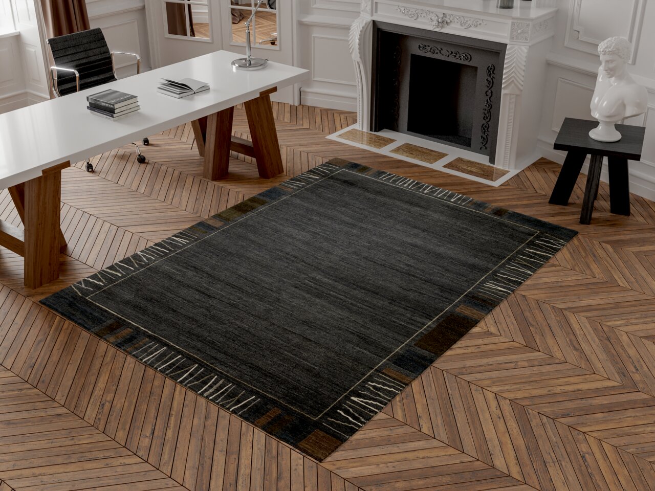 Moderner Wollteppich in dunklen Tönen mit geometrischem Muster, auf einem stilvollen Holzboden in einem eleganten Raum mit Kamin und Schreibtisch, aus der Vogelperspektive betrachtet.