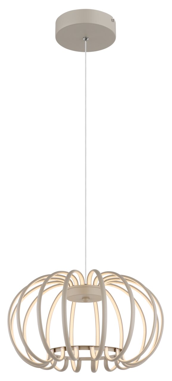 Moderne LED-Hängeleuchte in eleganter, runder Form aus seitlicher Perspektive.