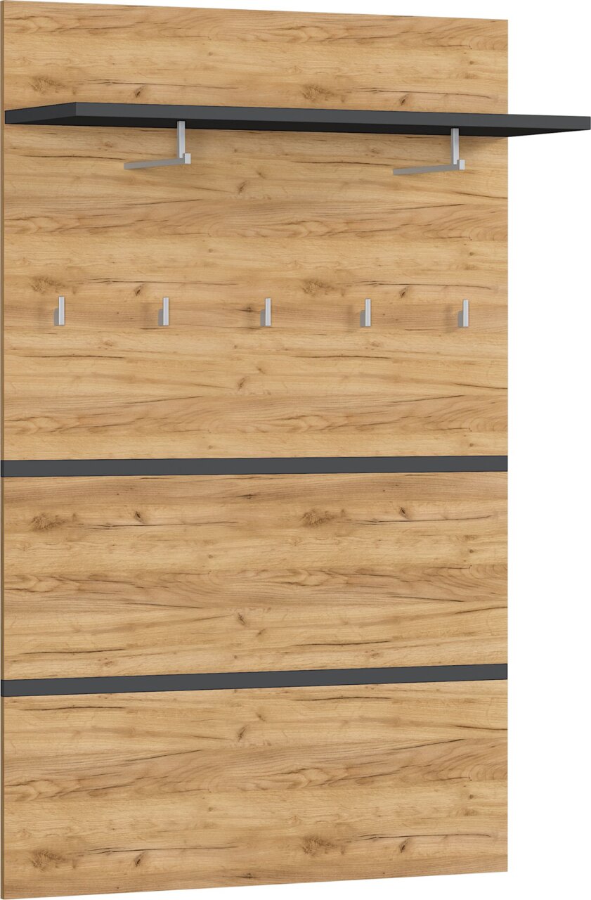 Garderobenpaneel aus Holz mit fünf Haken und einem oberen Regalbrett, seitliche Perspektive