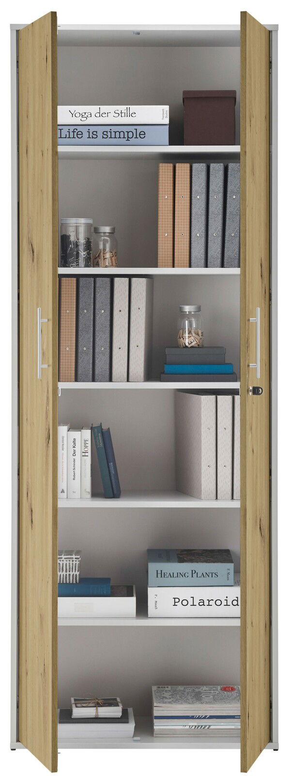 Aktenschrank mit offenen Türen, gefüllt mit Ordnern, Büchern und Gläsern, aus frontaler Perspektive.