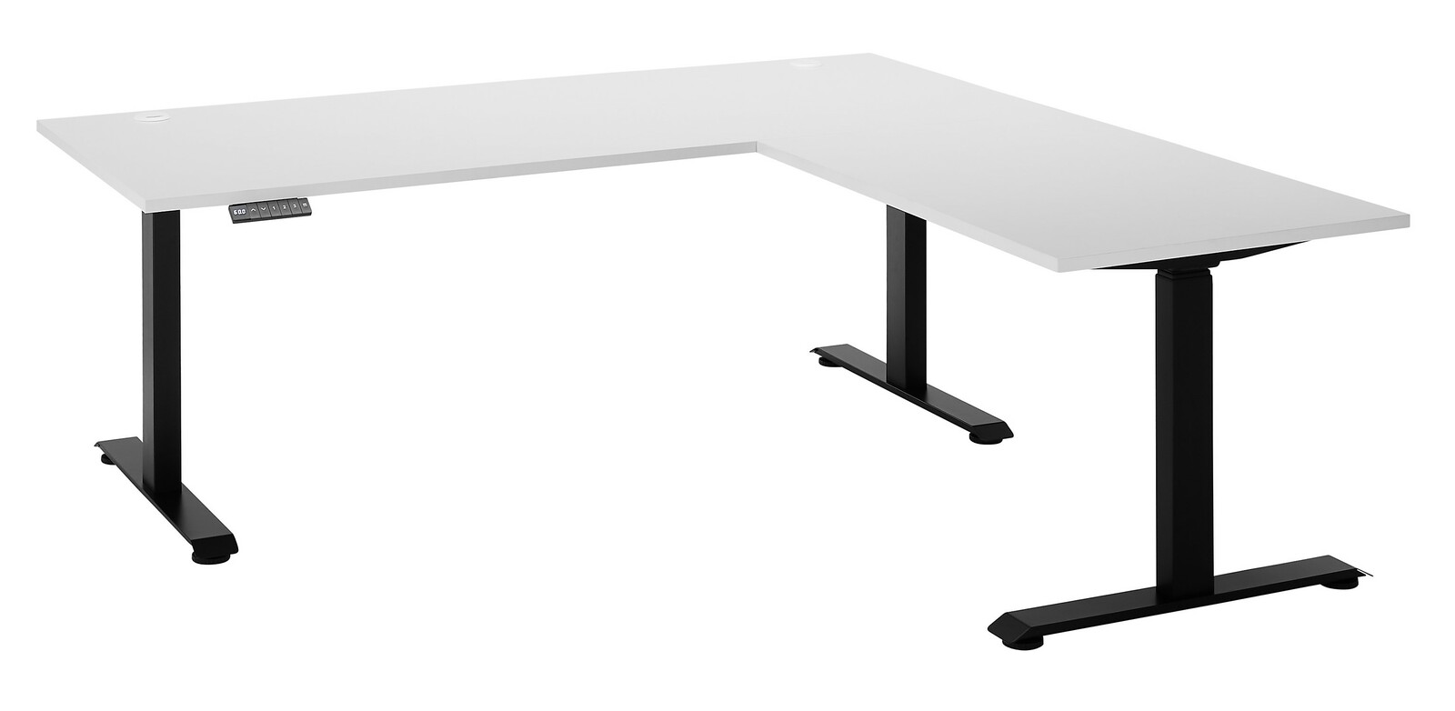 E-Serie E-Eckschreibtisch E-CORNER Moderner weißer E-Eckschreibtisch mit schwarzem Gestell, seitliche Perspektive