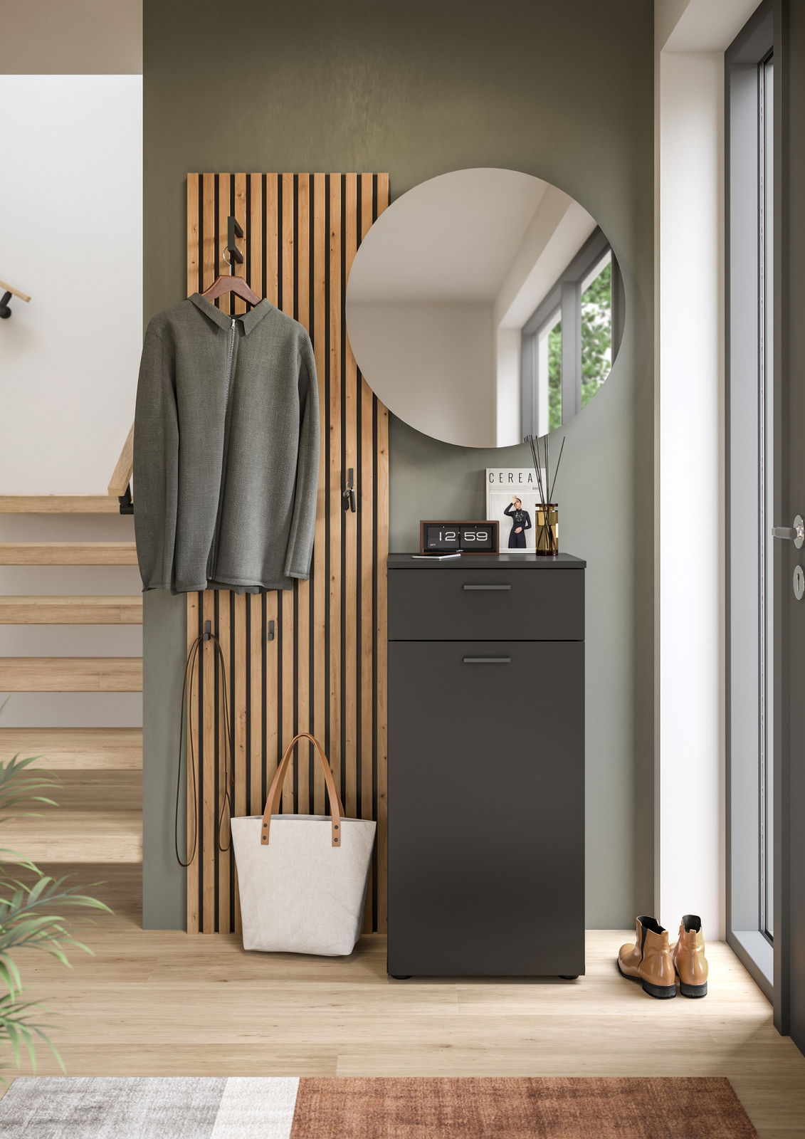 Moderne Garderobenkombination mit Spiegel, Kleiderhaken und Stauraum, seitliche Perspektive