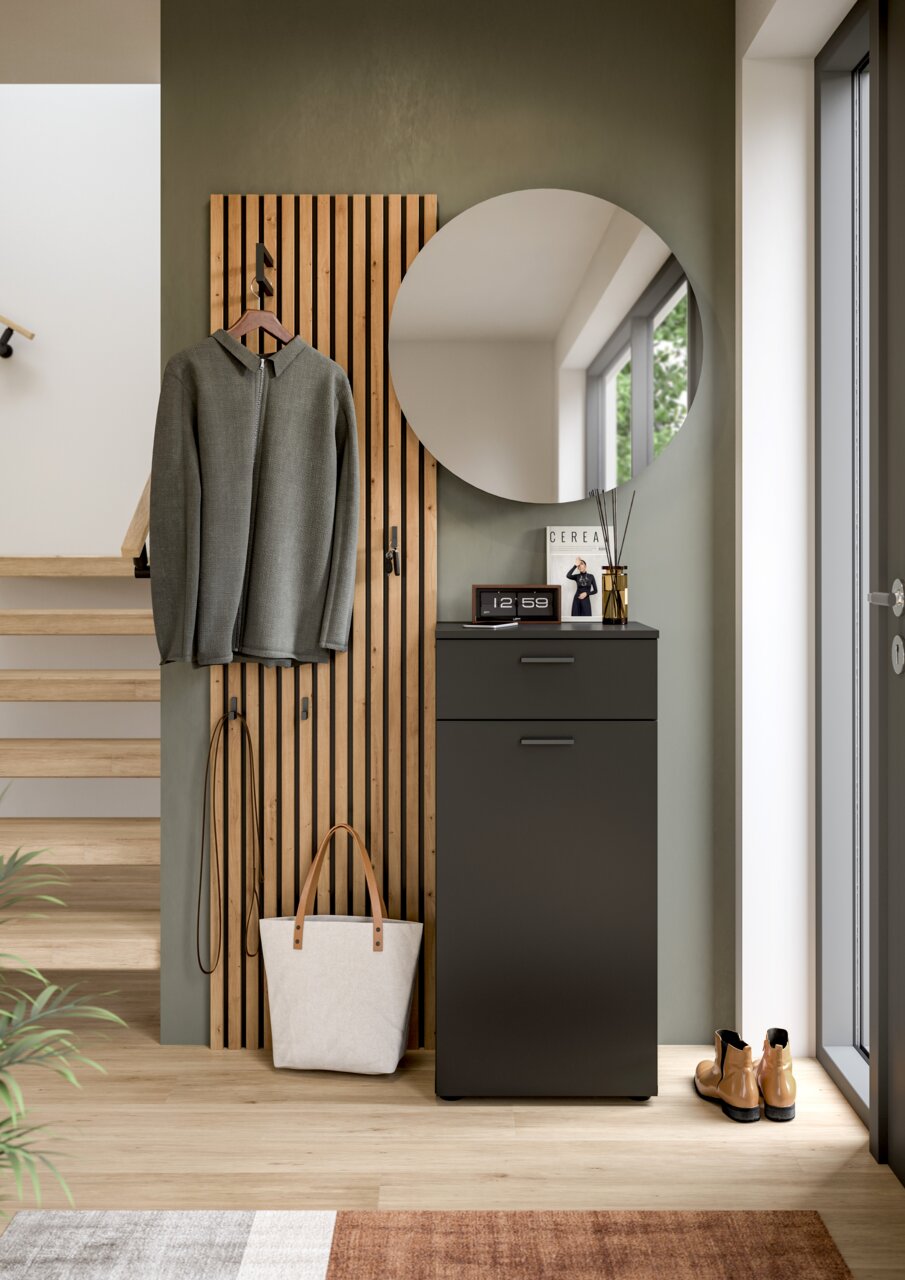 Moderne Garderobenkombination mit Spiegel, Kleiderhaken und Stauraum, seitliche Perspektive