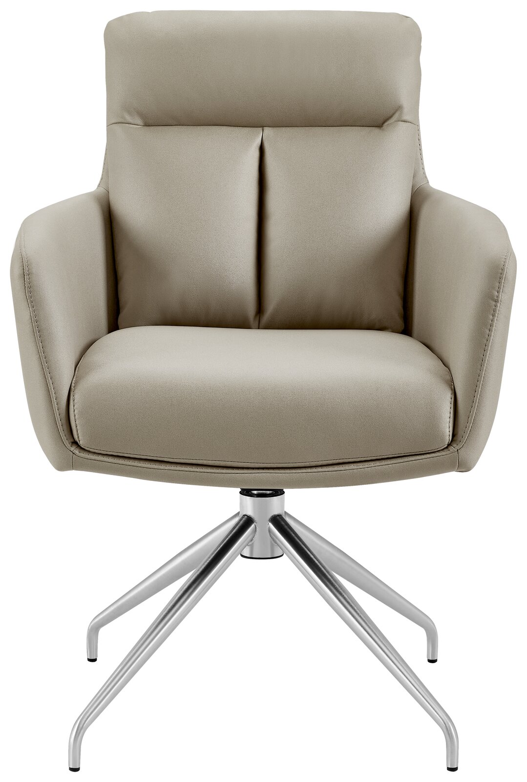 Beiger Armlehnstuhl mit modernem Design, frontal fotografiert, auf einem drehbaren Metallfuß.