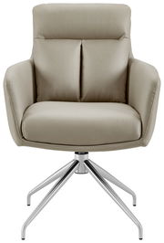 Beiger Armlehnstuhl mit modernem Design, frontal fotografiert, auf einem drehbaren Metallfuß.