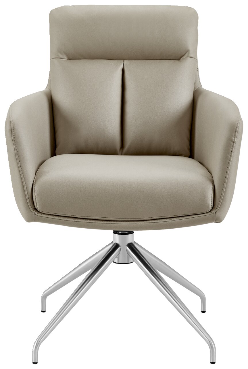 Beiger Armlehnstuhl mit modernem Design, frontal fotografiert, auf einem drehbaren Metallfuß.
