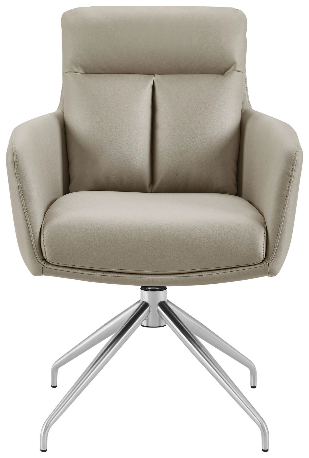 Beiger Armlehnstuhl mit modernem Design, frontal fotografiert, auf einem drehbaren Metallfuß.