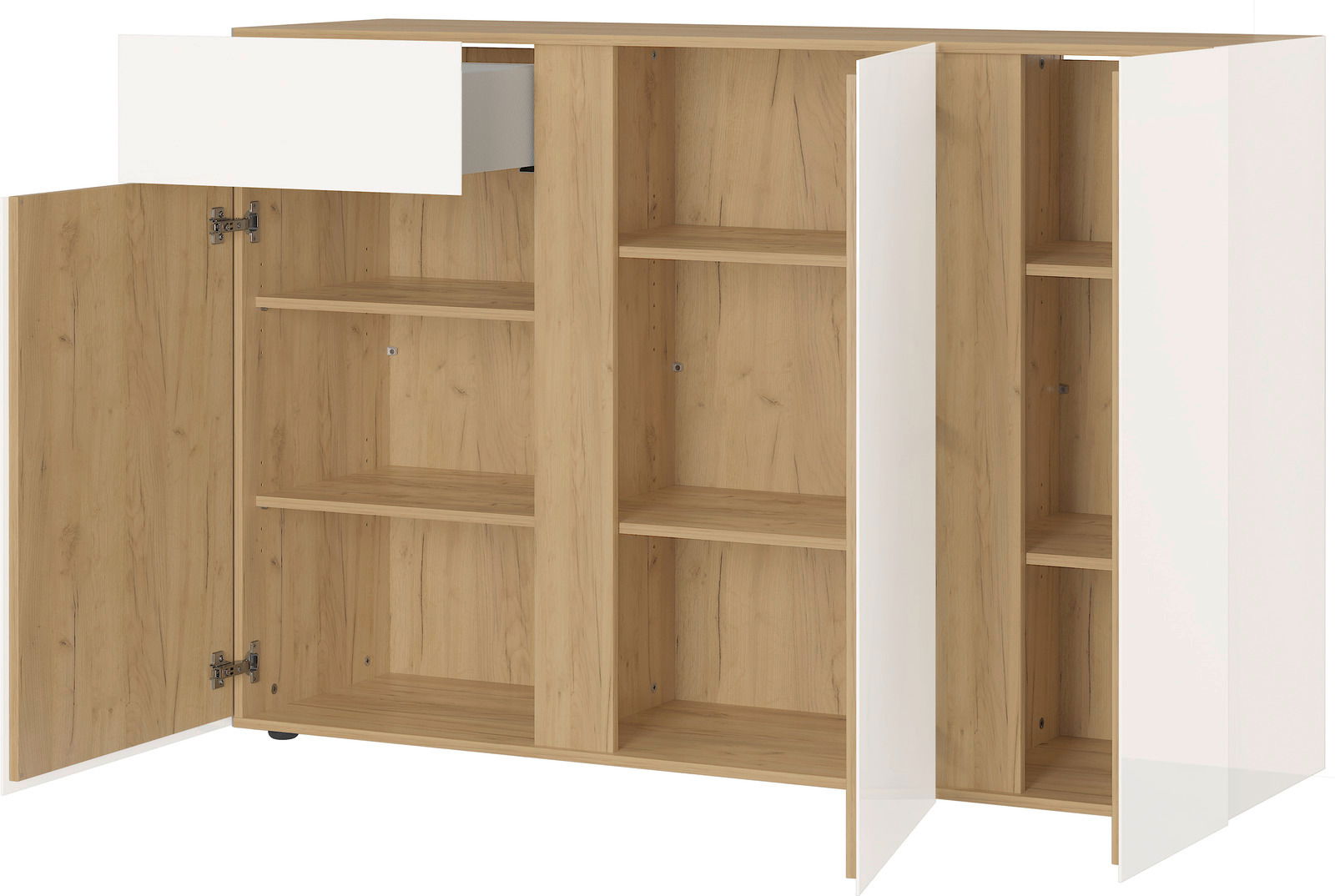 Offenes Sideboard mit Holzoptik und weißen Türen, Frontansicht