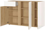 Offenes Sideboard mit Holzoptik und weißen Türen, Frontansicht