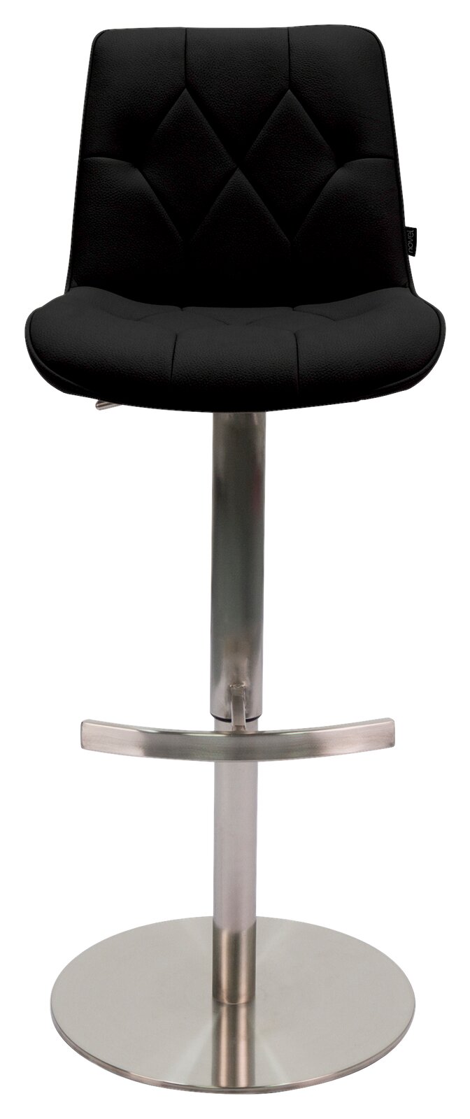 Moderner Barhocker mit schwarzem, gepolstertem Sitz und Rückenlehne, Edelstahlfuß und Fußstütze, Frontalansicht.