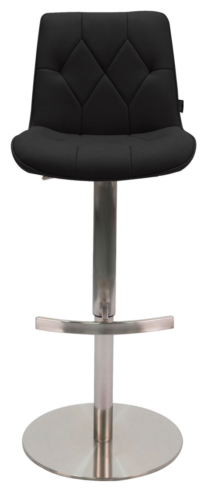 Moderner Barhocker mit schwarzem, gepolstertem Sitz und Rückenlehne, Edelstahlfuß und Fußstütze, Frontalansicht.