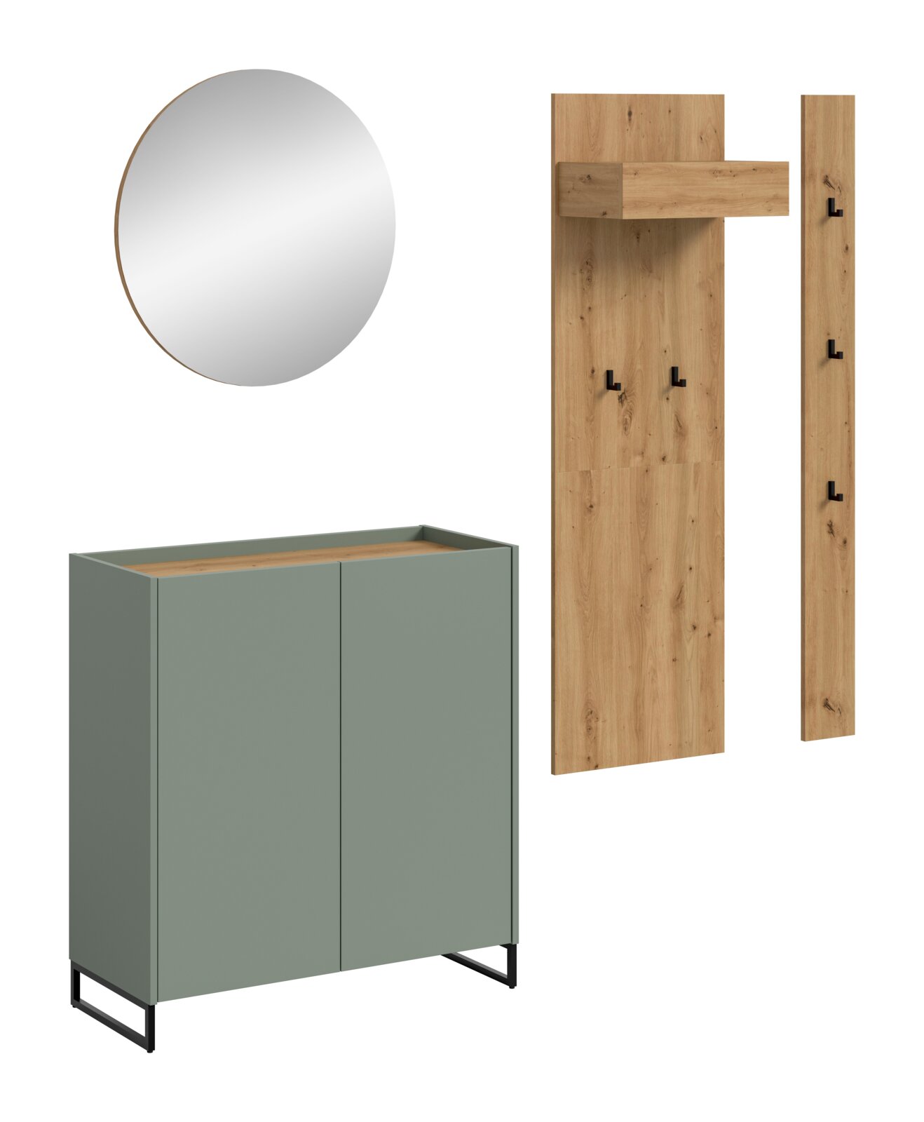 MID.YOU Garderobenkombination DRIVE Set aus Flurmöbeln: grüner Schuhschrank mit schwarzem Metallgestell sowie Garderobenpaneel aus Holz mit Haken und Ablage, daneben runder Wandspiegel – Frontansicht, Schuhschrank in leichter 3/4-Perspektive